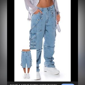 AKIRA Extra Wide Baggy Cargo Jeans Y2K Studded Strap Denim XL